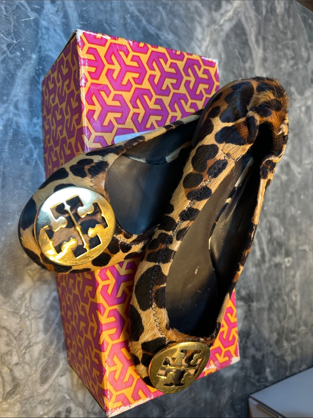 Tory Burch Leopard Pony Hair Flats with Gold Logo Medallions